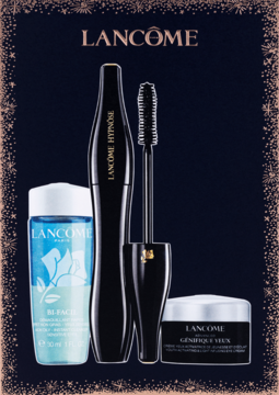 Zestaw Lancôme: czarna maskara Hypnôse, płyn do demakijażu Bi-Facil i krem Génifique pod oczy, na tle iskrzących gwiazd.