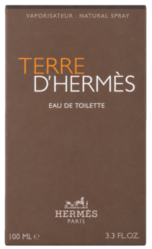 Frontalny widok brązowego pudełka Terre d'Hermès, męska woda toaletowa 100 ml, z pomarańczowym napisem.