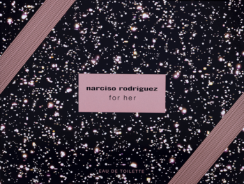 Prezentowy zestaw Narciso Rodriguez for her EDT, czarne, brokatowe pudełko z różowym napisem i wstążkami.