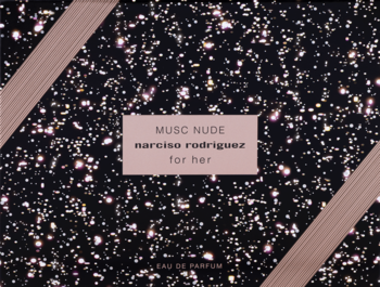 Front of Narciso Rodriguez For Her Musc Nude Eau de Parfum gift box. Black sparkly design, pink label with text.