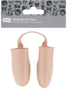 Beżowe silikonowe szczoteczki do zębów SmileBrush Duo dla zwierząt, zakładane na palec, widok z przodu.