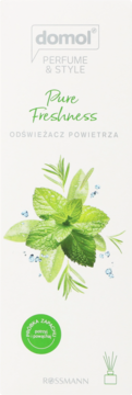 Domol Perfume & Style Pure Freshness odświeżacz powietrza, białe opakowanie z miętą i patyczkami zapachowymi.