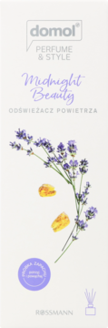 Białe opakowanie Domol Midnight Beauty patyczków zapachowych z lawendą i bursztynem, widok z przodu.
