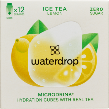 Waterdrop Ice Tea Lemon microdrink cubes, 12 zero-sugar servings. Square box, lemon illustration & central logo, front view.