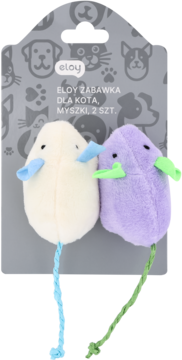 Dwie pluszowe myszki Eloy dla kota, beżowa z niebieskimi uszami i fioletowa z zielonymi, na szarym opakowaniu.