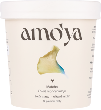 Amo'ya Fokus i koncentracja Matcha, białe opakowanie z grafiką grzyba Lion's Mane i B12. Widok z przodu.