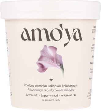 Biała tuba amo'ya Rooibos kakaowo-kokosowy, suplement diety dla równowagi i komfortu menstruacyjnego, widok z przodu.