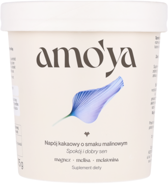 AMO'YA ,napój kakaowy w proszku o smaku malinowym z magnezem i ekstraktem z melisy, suplement diety, Spokój i Dobry Sen,przód
