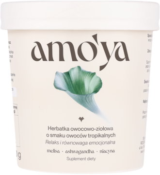 AMO'YA ,herbatka owocowo-ziołowa o smaku owoców tropikalnych z niacyną oraz ekstraktem z melisy i witanii ospałej, suplement diety, Relaks i Równowaga emocjonalna,przód