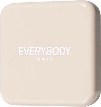 Kremowy rozświetlacz w kamieniu Everybody London Golden Lights. Kwadratowe opakowanie z napisem 'EVERYBODY LONDON', widok z góry.