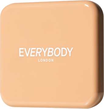 Matowy bronzer w kamieniu Everybody London w jasnobeżowym, kwadratowym kompakcie z białym logo, widok z przodu.