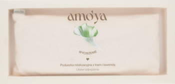 Pudełko Amo'ya z bawełnianą poduszką relaksacyjną z lnem i lawendą, beżowe, zielony liść, widok z przodu.