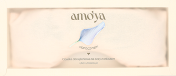 Logo Amo'ya i błękitny, lekki symbol płatka. Relaksacyjna opaska obciążeniowa na oczy z orkiszem.