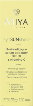 Żółte opakowanie serum Miya eyeSUNshine SPF 50 z witaminą C, rozświetlające pod oczy, widok z przodu.