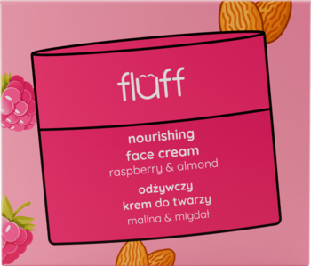 Fluff krem odżywczy Malina & Migdał, różowe pudełko z grafiką malin i migdałów, widok z przodu.