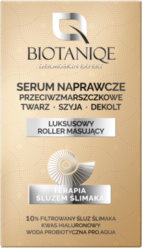 Złote serum Biotaniqe Terapia Śluzem Ślimaka, przeciwzmarszczkowe, z rollerem, widok z przodu opakowania.
