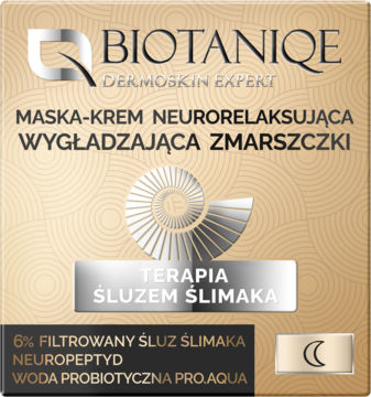 Biotaniqe Maska-Krem Neurorelaksująca Wygładzająca Zmarszczki z śluzem ślimaka. Złote tło, symbol nocy.