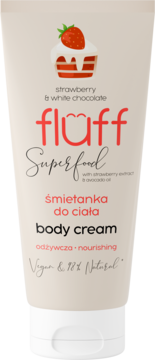 Fluff Superfood Body Cream truskawka i biała czekolada, odżywcza śmietanka w beżowej tubce, widok z przodu.