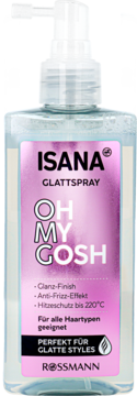 ISANA OH MY GOSH Glattspray w przezroczystej butelce z różową etykietą, widok z przodu. Wygładzający spray do włosów, nadaje połysk.