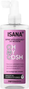Isana Oh My Gosh! spray wygładzający do włosów w przezroczystej butelce z różową etykietą, widok z przodu.