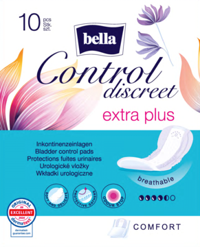 Bella Control Discreet Extra Plus wkładki urologiczne, 10 szt., opakowanie, widok z przodu. Oddychające, na nietrzymanie moczu.