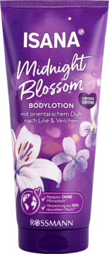 Isana Midnight Blossom Limited Edition, fioletowy balsam do ciała z orientalnym zapachem lilii i fiołków, widok z przodu.