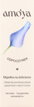 Amo'ya mgiełka na dobranoc 'ODPOCZYNEK'. Opakowanie z niebieskim płatkiem, zapach lawendy, bergamotki, pomarańczy.
