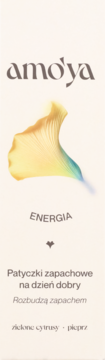 Front opakowania Amo'ya patyczki zapachowe ENERGIA. Ilustracja liścia, nuty zielonych cytrusów i pieprzu.