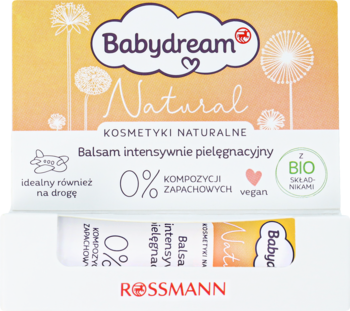 Widok z przodu żółtego opakowania Babydream Natural balsamu intensywnie pielęgnacyjnego, 0% zapachu, wegański, z bio-olejem.