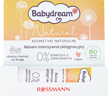 Widok z przodu żółtego opakowania Babydream Natural balsamu intensywnie pielęgnacyjnego, 0% zapachu, wegański, z bio-olejem.