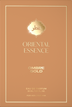 Balsamiczne perfumy Oriental Essence Ombre Gold w złotym kartonie z arabskim napisem, widok z przodu.