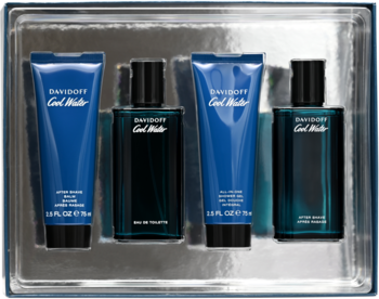 Davidoff Cool Water męski zestaw: woda toaletowa, żel, balsam i woda po goleniu w srebrnym pudełku, widok z góry.