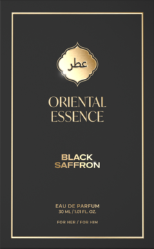 Flakon Oriental Essence Black Saffron Eau De Parfum 30ml, czarny z etykietą i złotymi ramkami, widok z przodu.