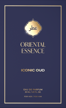 Granatowe opakowanie Oriental Essence Iconic Oud Eau de Parfum z ozdobnymi złotymi detalami i arabskim pismem.