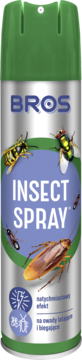BROS INSECT SPRAY, srebrna puszka z zieloną nakrętką i dnem, widok z przodu. Etykieta przedstawia owady latające i biegające.
