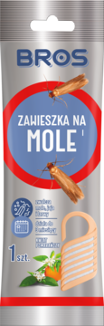 BROS zawieszka na mole odzieżowe, szare opakowanie z grafiką moli i kwiatów pomarańczy, 1 sztuka.