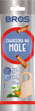 BROS zawieszka na mole o zapachu pomarańczy. Srebrne opakowanie z motywem moli i kwitnących cytrusów.