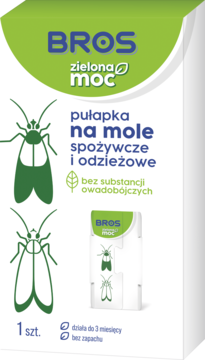 BROS zielona moc pułapka na mole spożywcze/odzieżowe, białe opakowanie, bez owadobójczych substancji.