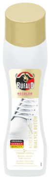 Korektor do białych butów Bufalo Recolor 75ml. Biała butelka o ergonomicznym kształcie, złota etykieta z logo, widok z przodu.