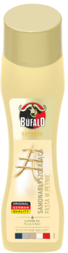 Bufalo Express bezbarwna pasta do butów w płynie, beżowa butelka z olejkiem migdałowym, widok z przodu.