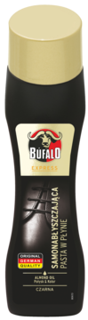 Bufalo Express samonabłyszczająca czarna pasta do butów z olejkiem migdałowym, czarna butelka, złoty korek.