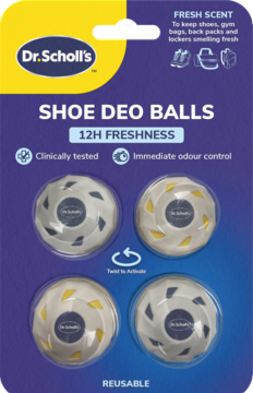 Dr. Scholl's Shoe Deo Balls 12H Freshness w fioletowo-żółtym opakowaniu, cztery kulki, widok z przodu.