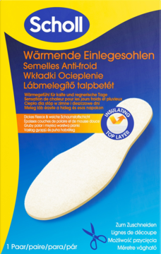 Opakowanie Scholl, ocieplające wkładki do butów z grubego polaru. Widok z przodu, niebiesko-żółte pudełko z grafiką wkładki.