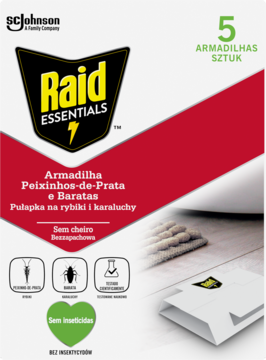Raid Essentials, biało-czerwone opakowanie 5 bezzapachowych pułapek na rybiki i karaluchy, widok z przodu.