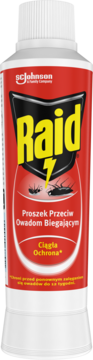 Biało-czerwona butelka Raid proszku na owady biegające. Widoczne żółte logo i mrówki, ujęcie z przodu.