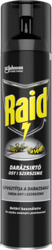 Czarny spray Raid na osy i szerszenie, z żółtym logo i piorunem, widok z przodu, etykieta węgierska.