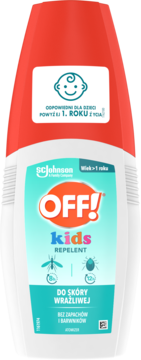 Frontalny widok OFF! Kids Repellent, biało-czerwony spray dla dzieci >1 roku, do skóry wrażliwej, na komary i kleszcze.