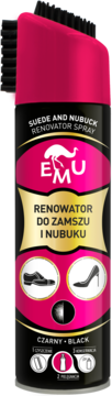 Black Emu Suede and Nubuck Renovator Spray in an aerosol can with a pink brush cap, front view.