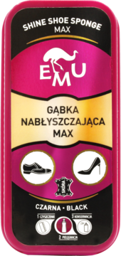 Czarna gąbka nabłyszczająca Emu Max do butów, w różowo-czarnym opakowaniu, widok z przodu.