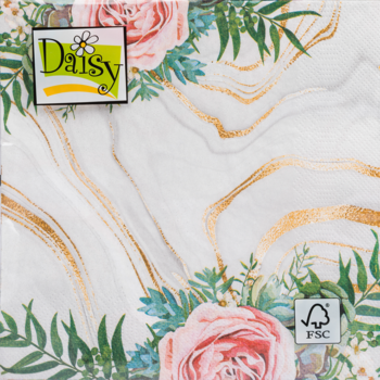 Dekoracyjne serwetki papierowe 33x33cm z różowymi różami, zielonymi liśćmi i złotym marmurem; logo Daisy i FSC.
